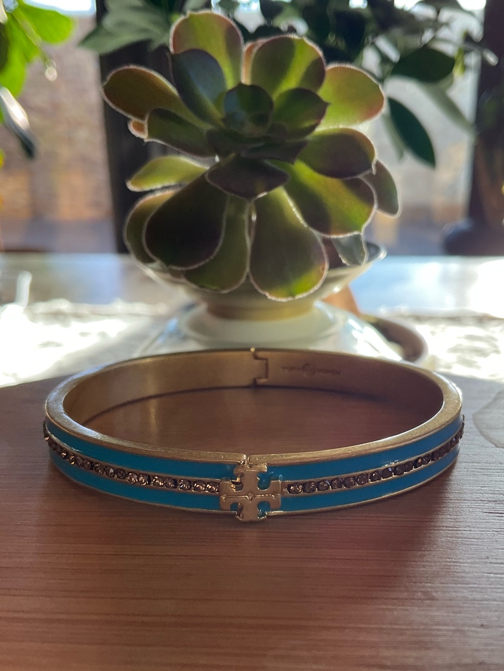 Tory Burch Gold-Tone Turquoise Enamel Crystal Accent Bangle Bracelet